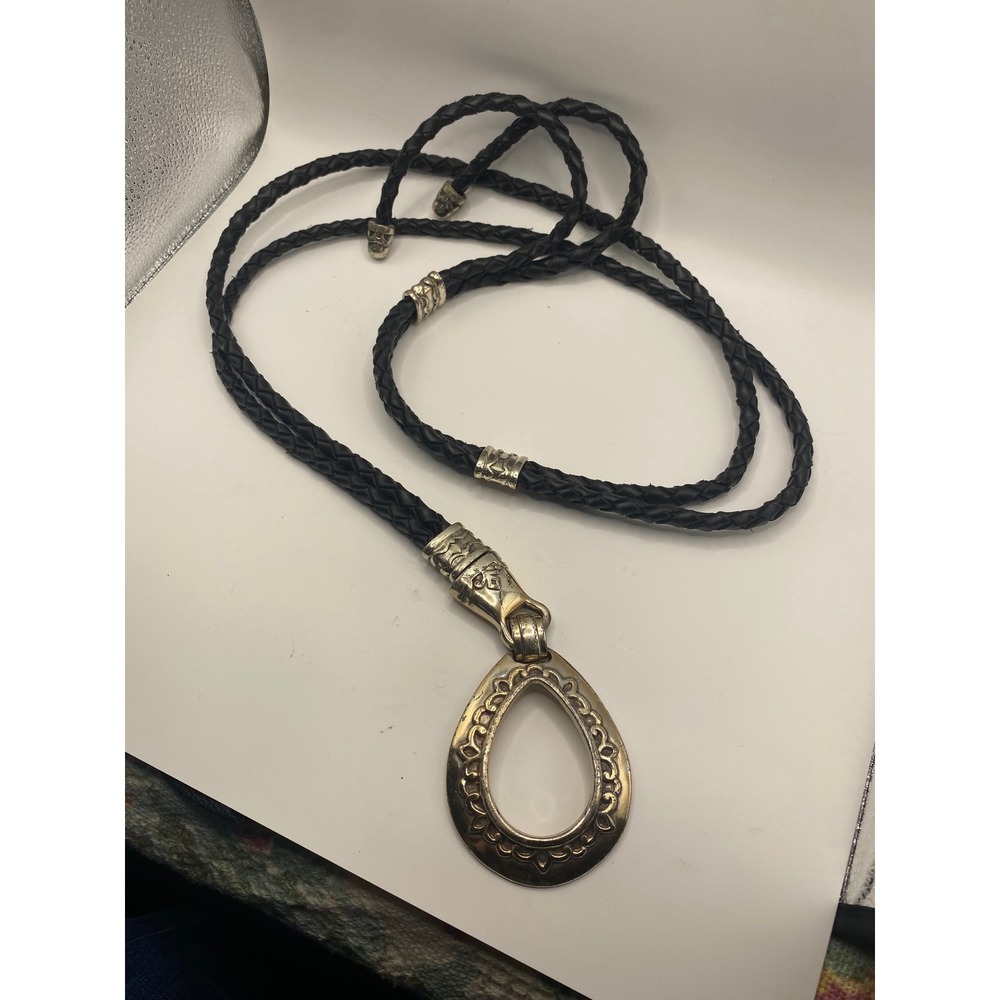 Vintage 1994Braided Black Leather Bolo Necklace Silver Tone Teardrop Pendant 48"